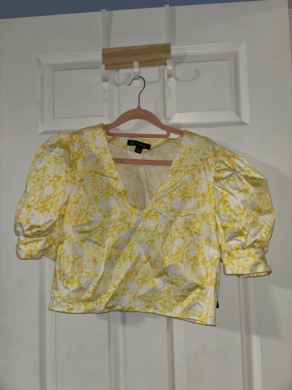 International Concepts INC Yellow Floral Large L Cropped Blouse Puff Sleeves NWT